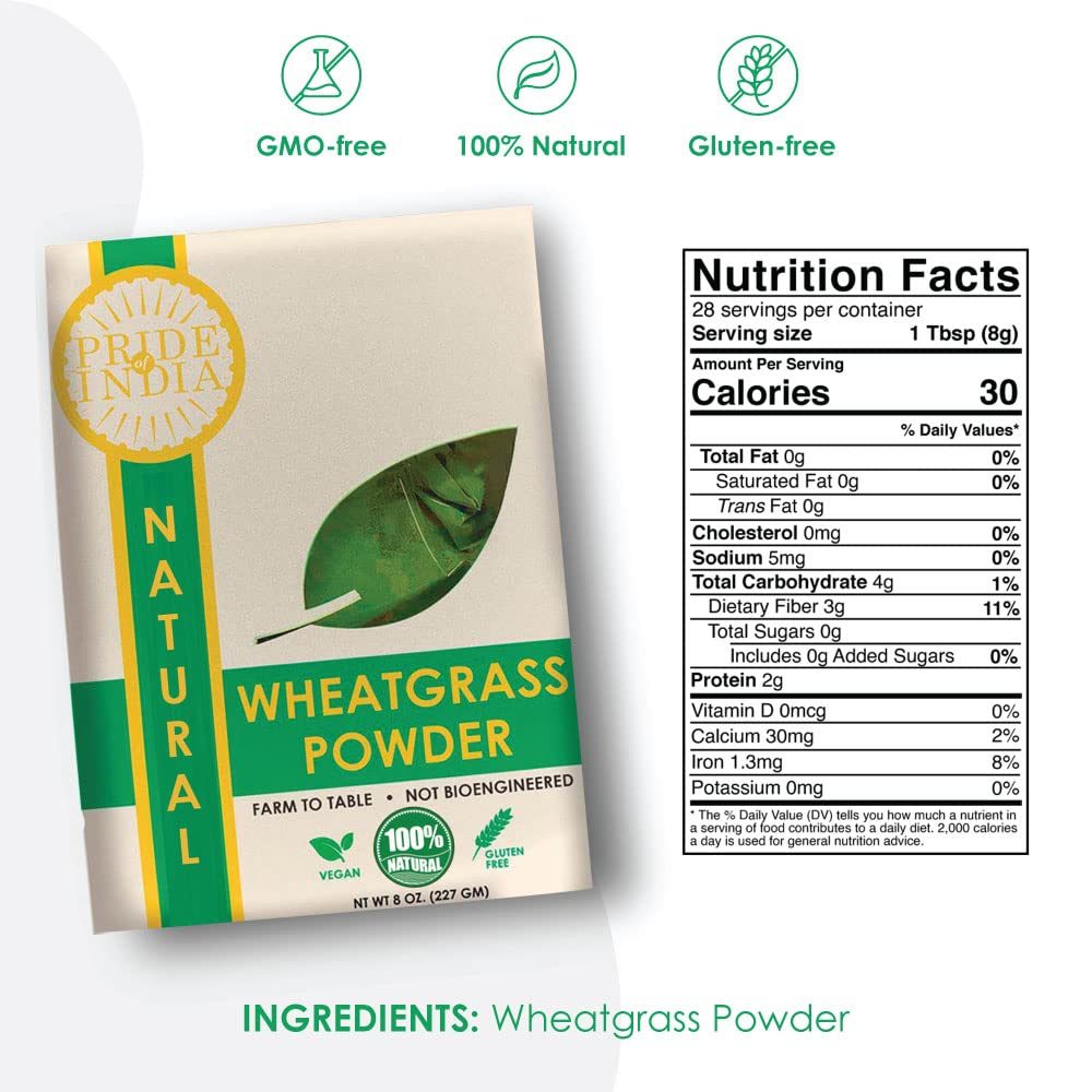 Pride Of India - Natural Wheatgrass Powder - Half Pound (8oz - 227gm) Vegan Antioxidant Rich Powerful Superfood - Instantly mixes into Juices, Smoothies, Blends, Greens. 32+ Servings - Caffeine Free - Image 3