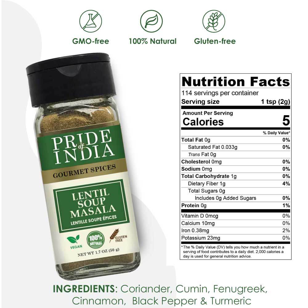 Pride of India - Lentil Soup Masala – Authentic Indian Taste – Spice Blend for Lentil Soups and Stews – Flavorful Mix – Easy to Use – 1.7 oz. Small Dual Sifter Bottle- Ideal for Vegans & Vegetarians - Image 2
