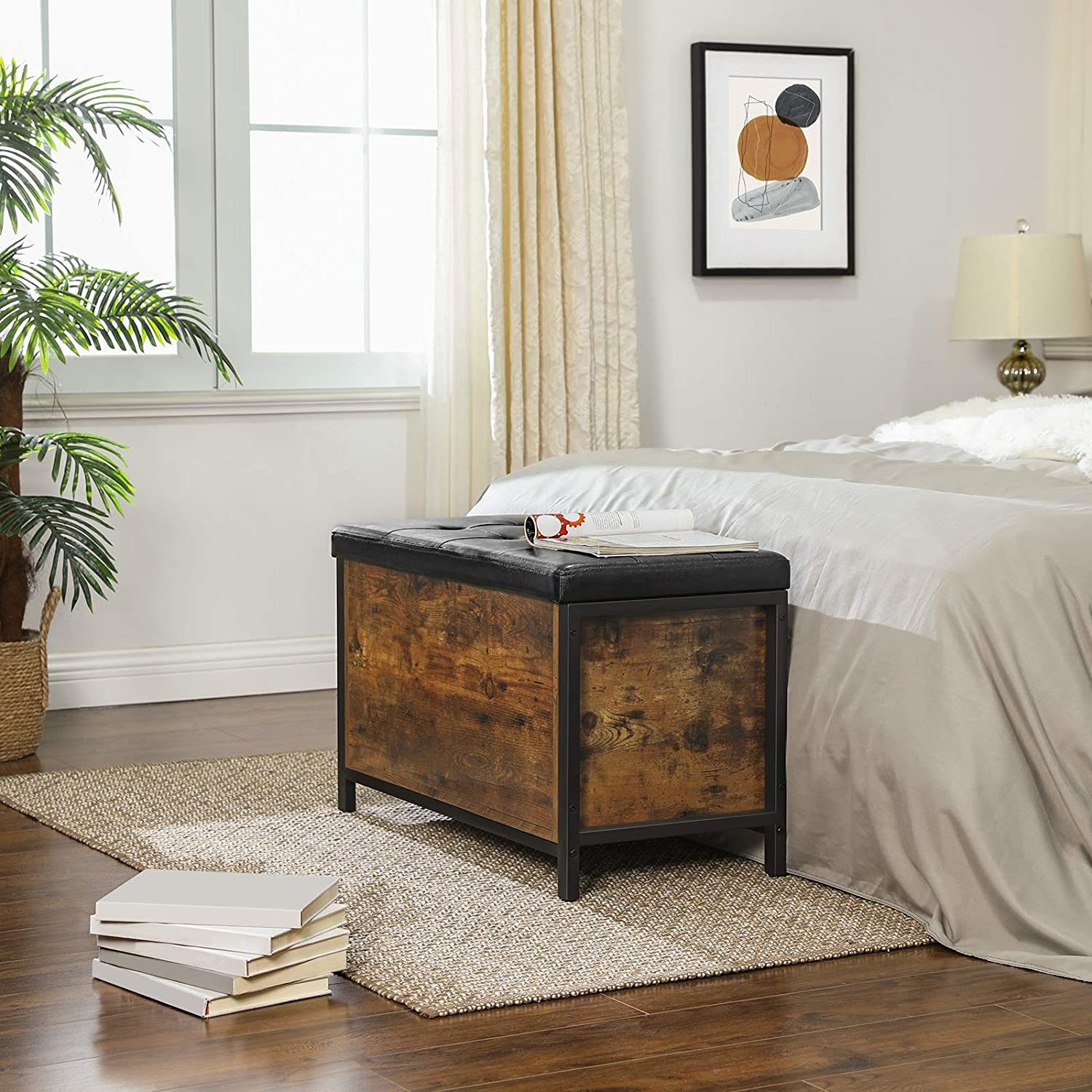 32 Inch Industrial Button Tufted Flip Top Storage Bench; Vegan Faux Leather; Black; Rustic Brown - Image 4