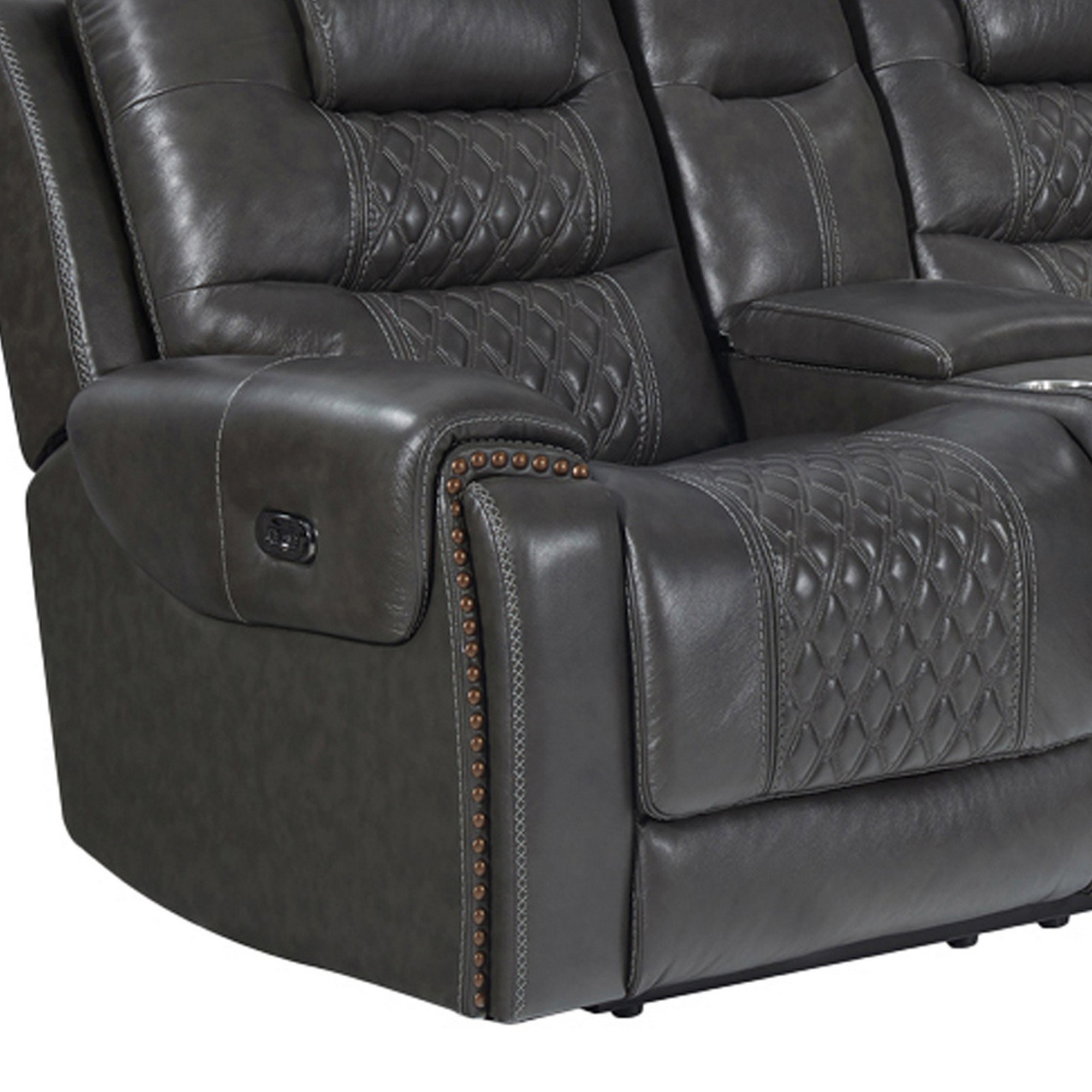 76 Inch Power Recliner Loveseat, Diamond Tufting, Gray Vegan Faux Leather - Image 5