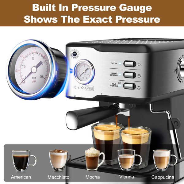 Geek Chef Espresso Machine;  Espresso and Cappuccino latte Maker 20 Bar Pump Coffee Machine Compatible with ESE POD filter&Milk Frother Steam Wand;  for Home Barista;  950W;  1.5L Water Tank - Image 11