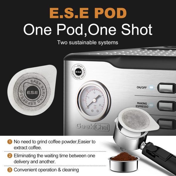 Geek Chef Espresso Machine;  Espresso and Cappuccino latte Maker 20 Bar Pump Coffee Machine Compatible with ESE POD filter&Milk Frother Steam Wand;  for Home Barista;  950W;  1.5L Water Tank - Image 12