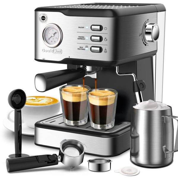 Geek Chef Espresso Machine;  Espresso and Cappuccino latte Maker 20 Bar Pump Coffee Machine Compatible with ESE POD filter&Milk Frother Steam Wand;  for Home Barista;  950W;  1.5L Water Tank - Image 14