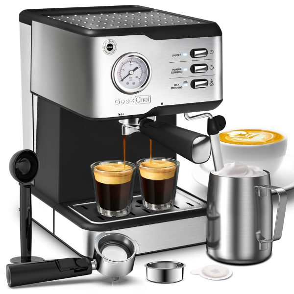 Geek Chef Espresso Machine;  Espresso and Cappuccino latte Maker 20 Bar Pump Coffee Machine Compatible with ESE POD filter&Milk Frother Steam Wand;  for Home Barista;  950W;  1.5L Water Tank - Image 8