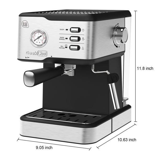 Geek Chef Espresso Machine;  Espresso and Cappuccino latte Maker 20 Bar Pump Coffee Machine Compatible with ESE POD filter&Milk Frother Steam Wand;  for Home Barista;  950W;  1.5L Water Tank - Image 9